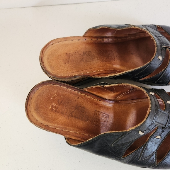 Volks Walkers Black Leather Open Toe Wedges Shoes Sandals Size 36 6 Boho Summer - Picture 5 of 6